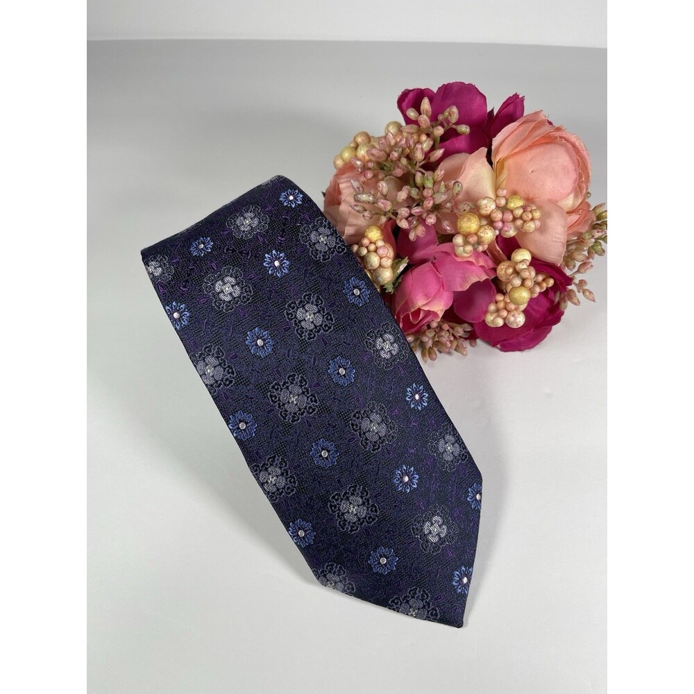 NWT Bruno Piattelli Silk Necktie Purple Blue Floral Geometric Handmade